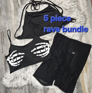 5 Piece Black & Silver Rave Festival Crop Top & Short Bundle